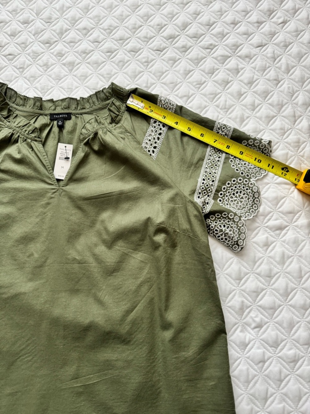 NWT Talbots Olive Green Embroidered Eyelet Sleeve Ruffle Neck Blouse Size Medium - Picture 7 of 15